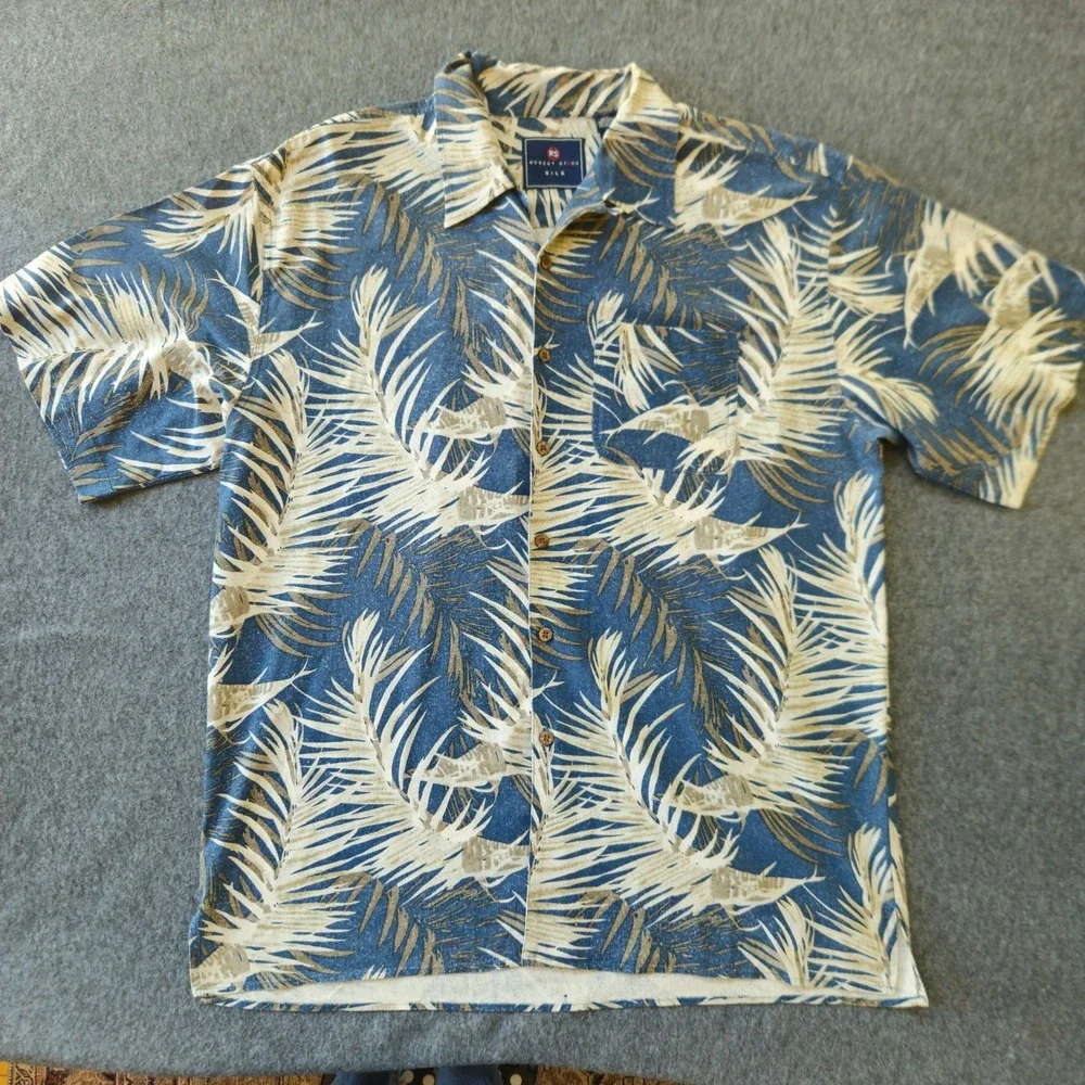 Robert Stock 100% Silk Button Up Men XXL Blue Palm Resortwear Cruise Camp Travel